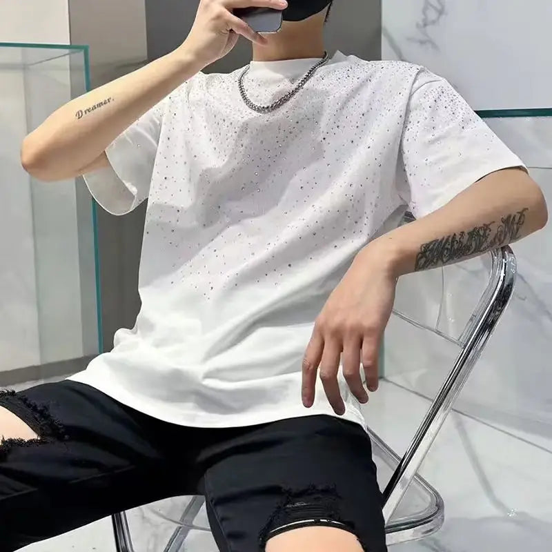 Summer Short Sleeved T-shirt Men's T-shirt Loose Round Neck Fashionable Trendy Brand Hot Diamond Half Sleeved Clothes