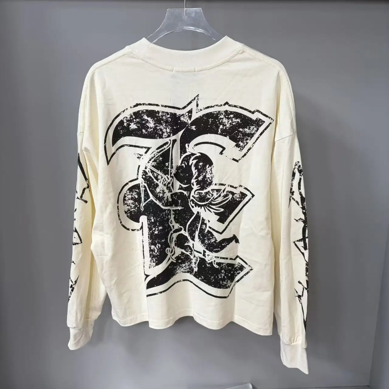 Mixed Emotion Angel Print Splicing Long Sleeves T Shirt Men Women Classic Letters Logo Rhinestone T-Shirts Long Sleeve