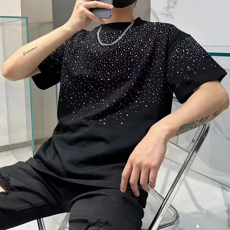 Summer Short Sleeved T-shirt Men's T-shirt Loose Round Neck Fashionable Trendy Brand Hot Diamond Half Sleeved Clothes