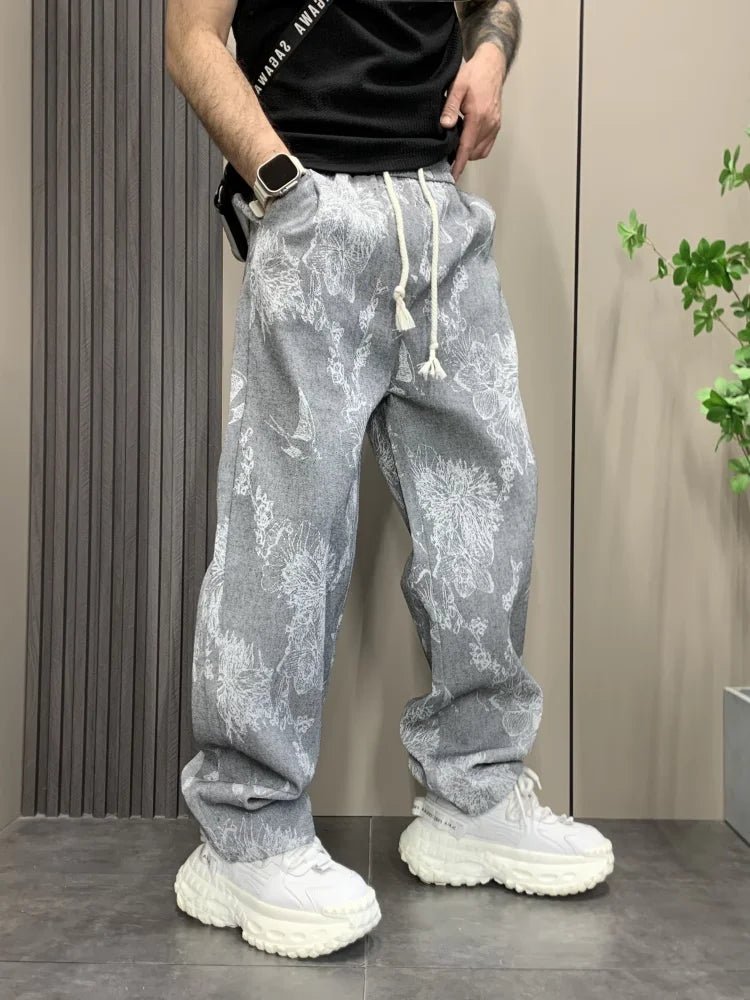 Men's Summer New Vintage High-End Straight Floral Loose Personal Style Trendy Casual Pants Autumn Winter Fashion Y2k Trousers