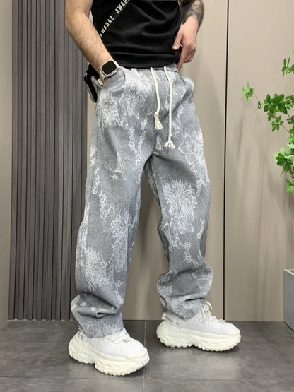 Men's Summer New Vintage High-End Straight Floral Loose Personal Style Trendy Casual Pants Autumn Winter Fashion Y2k Trousers