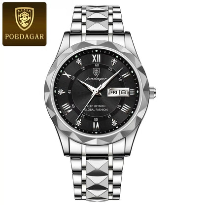POEDAGAR Luxury Fashion Men's Quartz Watches Date Week Stainless Steel Watch For Man Waterproof Luminous High Quality Men Watch