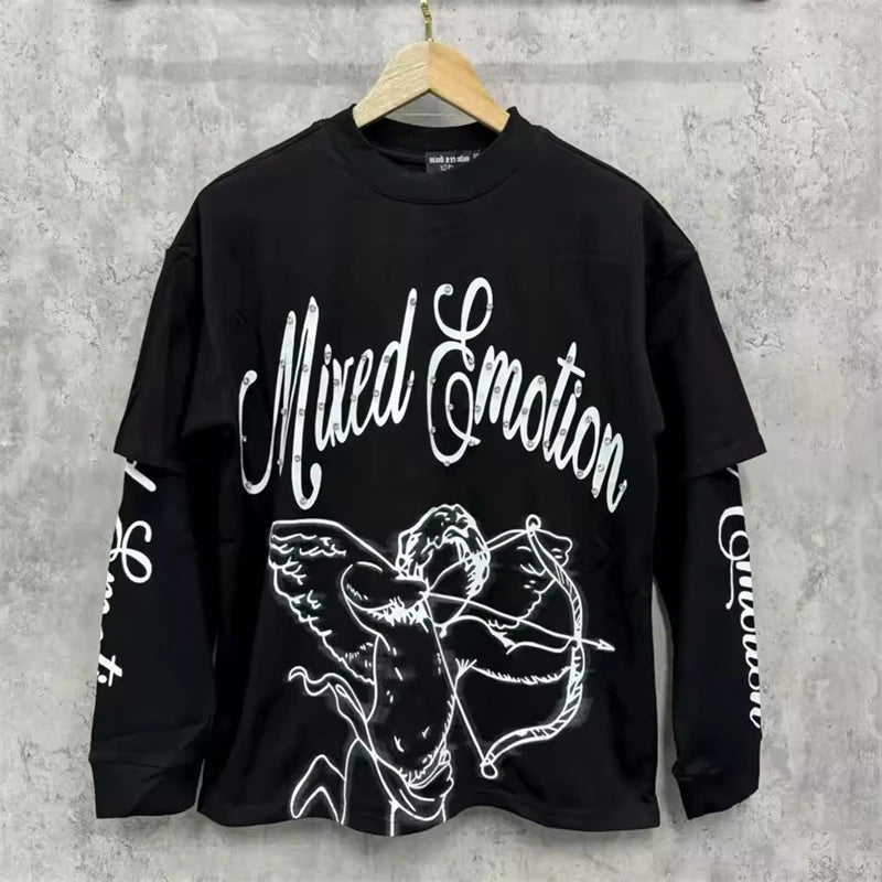 Mixed Emotion Angel Print Splicing Long Sleeves T Shirt Men Women Classic Letters Logo Rhinestone T-Shirts Long Sleeve