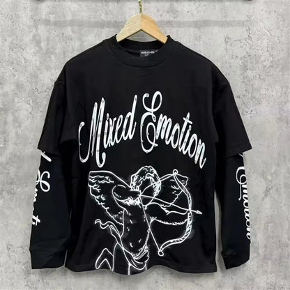 Mixed Emotion Angel Print Splicing Long Sleeves T Shirt Men Women Classic Letters Logo Rhinestone T-Shirts Long Sleeve