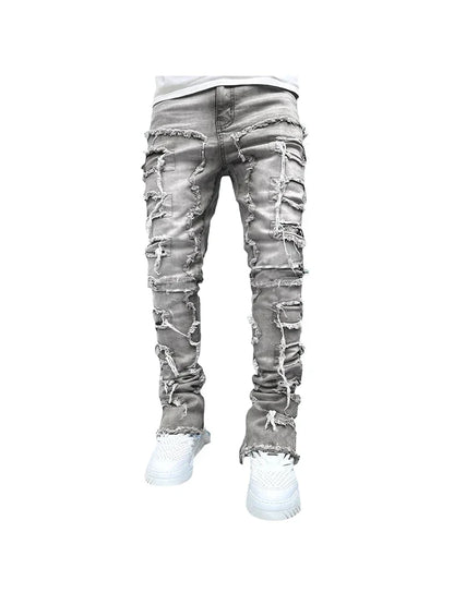 Stretchy Vintage Blue Stacked Jeans For Men Premium Raw Frayed Denim Destroyed Washed Patchworks Pants New