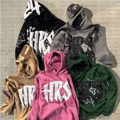 Y2k Hoodie Kpop Retro Street Fashion Hooded Pullover Letter Spider Web Printed Long Sleeved Sweatshirt Tops Men Women Clothing