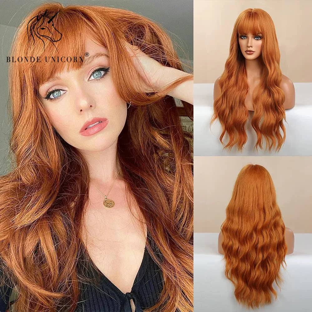 BLONDE UNICORN Synthetic Hair Wigs Long Wavy Orange with Bangs For Black White Women Heat Resistant Fiber Cosplay Party Wig