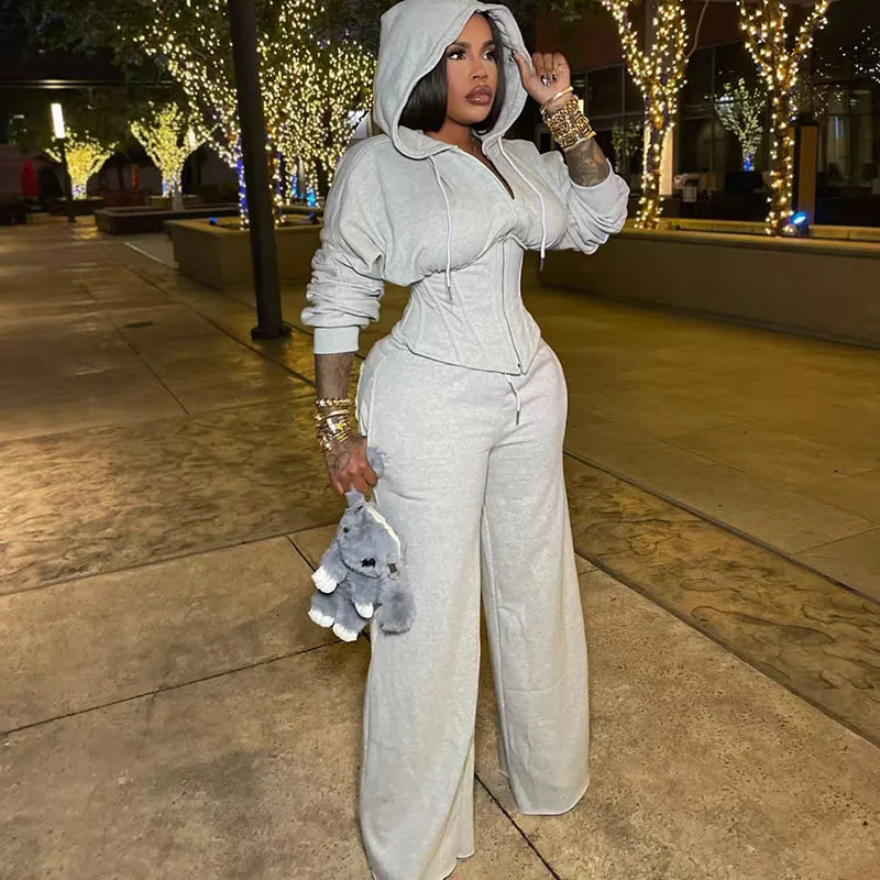 Streetwear Casual Tracksuit Woman Two Piece Set Sporty Zipper Hooded Lace-up Bandage Corset Jacket and Sweatpants Matching Sets