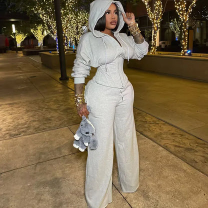 Streetwear Casual Tracksuit Woman Two Piece Set Sporty Zipper Hooded Lace-up Bandage Corset Jacket and Sweatpants Matching Sets