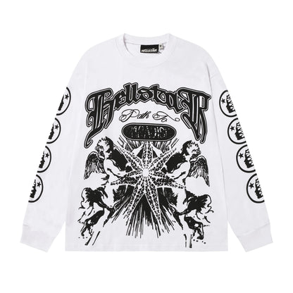 American Style Hell Star Little Angel Letter Print High Street Loose Men Women Base Long Sleeve T-Shirt Spring Autumn