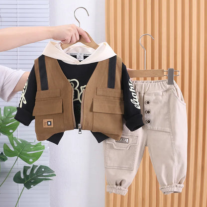 Toddler Outfits 2023 Spring Autumn Baby Boy Clothes Casual Zipper Cardigan Vest + Hooded Hoodies + Pants 3 Piece Set Kids Suit