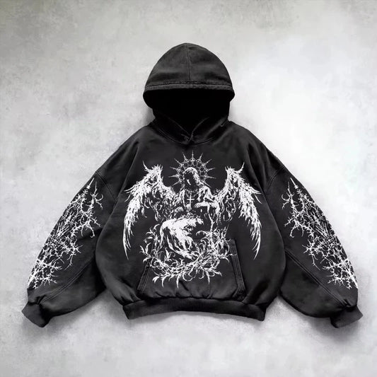 Retro Gothic Graphic Print Hip Hop Hoodie for Men Y2k Grunge Punk Casual Loose Pullover Women Streetwear Sweatshirt Hoodies