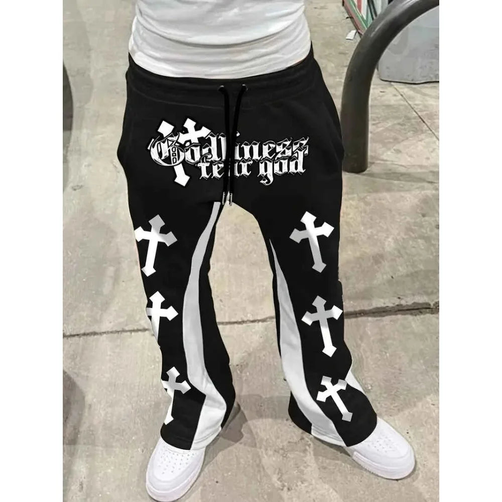 Men's Casual Street Style Trendy Cross Print Fashionable Slightly Flared Black and White Color-Block Design Sweatpants Men Pants