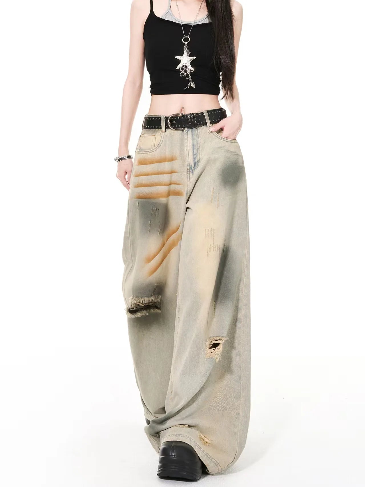 Hip-hop high street fashion diagonal breasted dark men jeans trendy camouflage patchwork high-waisted jeans casual loose pants