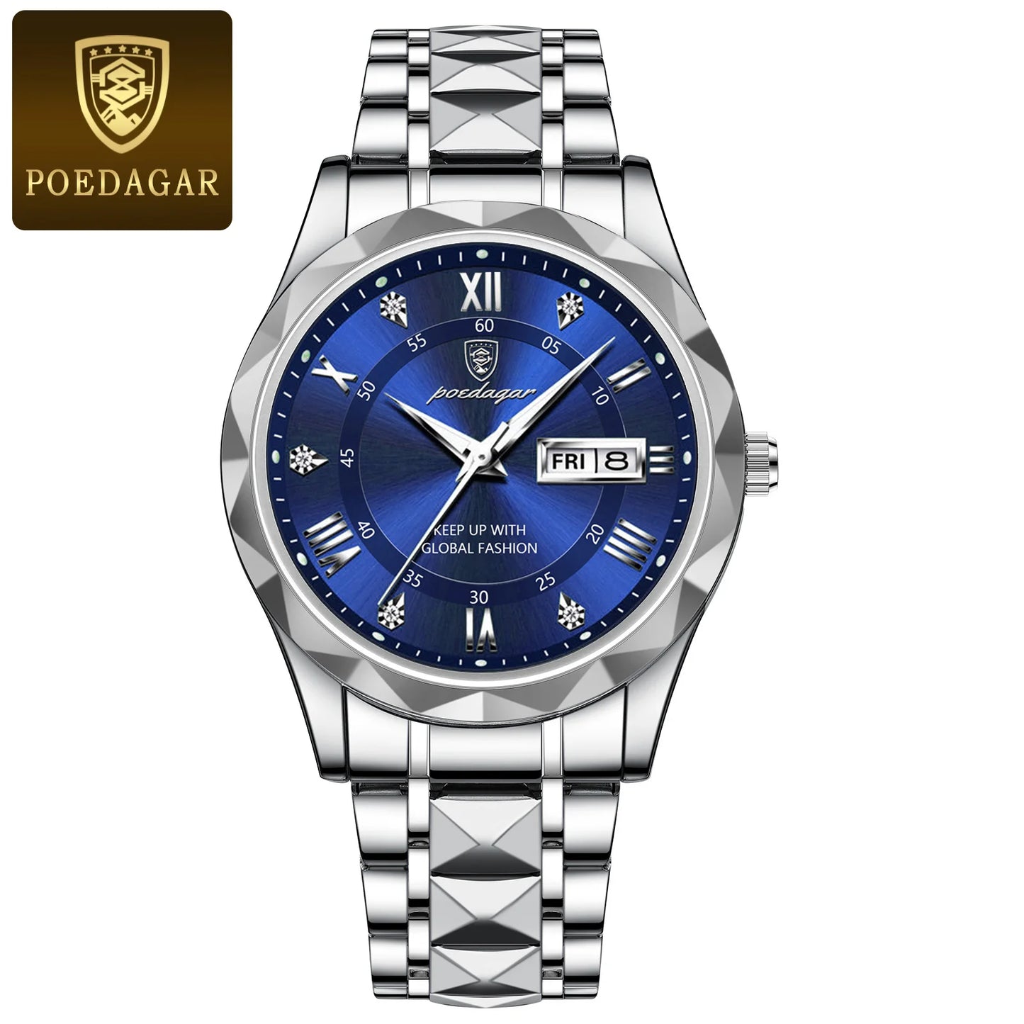 POEDAGAR Luxury Fashion Men's Quartz Watches Date Week Stainless Steel Watch For Man Waterproof Luminous High Quality Men Watch