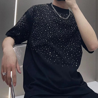 Summer Short Sleeved T-shirt Men's T-shirt Loose Round Neck Fashionable Trendy Brand Hot Diamond Half Sleeved Clothes