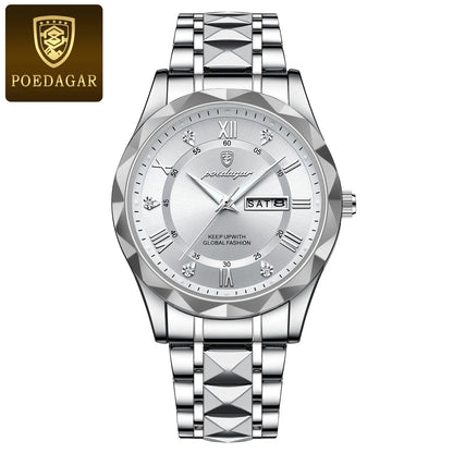 POEDAGAR Luxury Fashion Men's Quartz Watches Date Week Stainless Steel Watch For Man Waterproof Luminous High Quality Men Watch