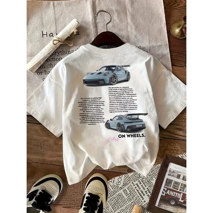 Casual Graphic Tee - Black Car Print with On Wheels Text Crew Neck All Season Comfort Fit  Women's T-Shirt Casual Clothes