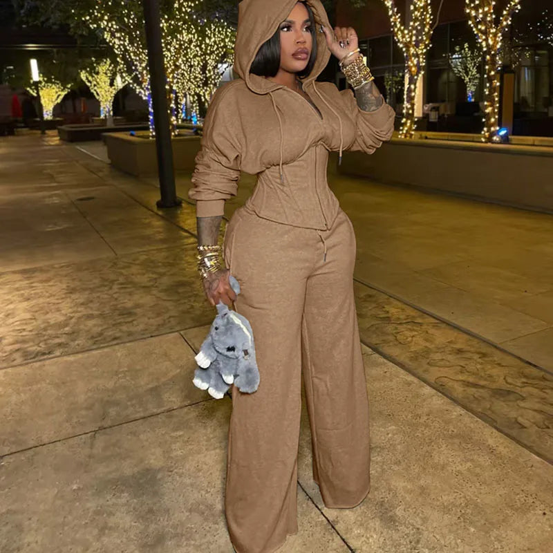 Streetwear Casual Tracksuit Woman Two Piece Set Sporty Zipper Hooded Lace-up Bandage Corset Jacket and Sweatpants Matching Sets