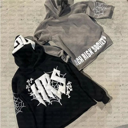 Y2k Hoodie Kpop Retro Street Fashion Hooded Pullover Letter Spider Web Printed Long Sleeved Sweatshirt Tops Men Women Clothing