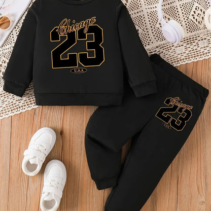 Toddler 2-Piece Outfit | Chicago Number 23 Print Long Sleeve Top + Black Pants | Spring Autumn Kids Sports Clothing Set