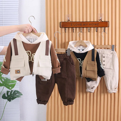 Toddler Outfits 2023 Spring Autumn Baby Boy Clothes Casual Zipper Cardigan Vest + Hooded Hoodies + Pants 3 Piece Set Kids Suit