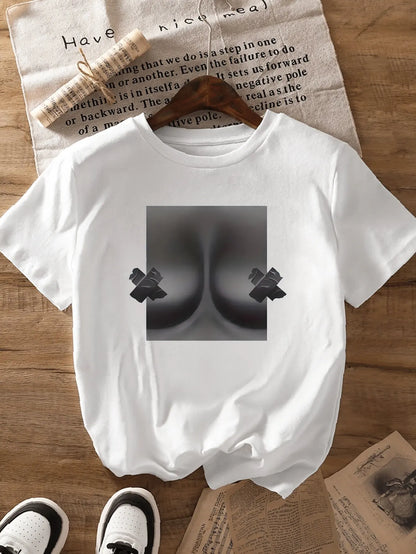 Trendy  Graphic Tee for Women  Casual Round Neck with Creative Graffiti Print Short Sleeve Perfect for Summer  New Year's Gift