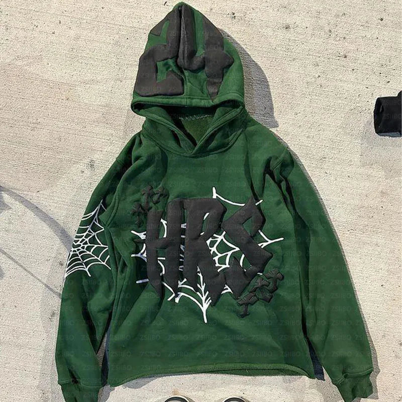 Y2k Hoodie Kpop Retro Street Fashion Hooded Pullover Letter Spider Web Printed Long Sleeved Sweatshirt Tops Men Women Clothing