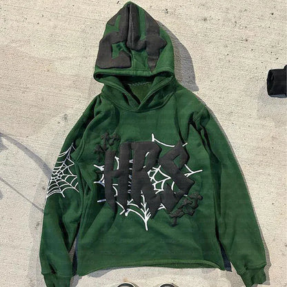 Y2k Hoodie Kpop Retro Street Fashion Hooded Pullover Letter Spider Web Printed Long Sleeved Sweatshirt Tops Men Women Clothing