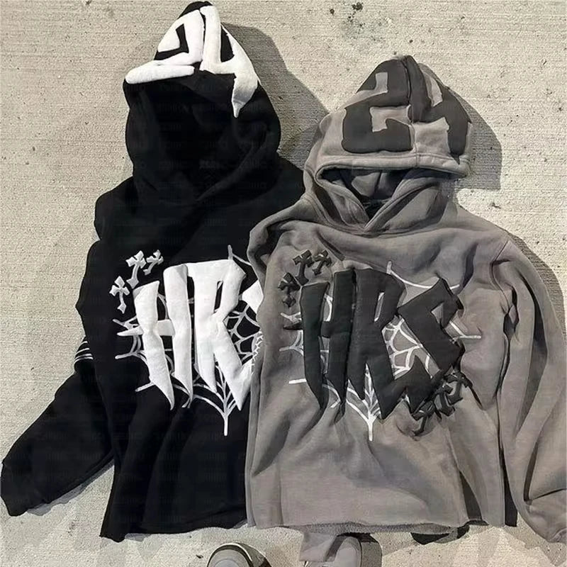 Y2k Hoodie Kpop Retro Street Fashion Hooded Pullover Letter Spider Web Printed Long Sleeved Sweatshirt Tops Men Women Clothing