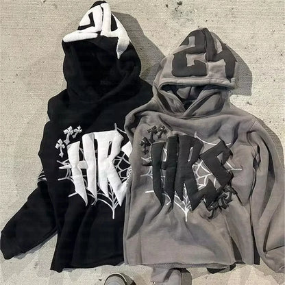 Y2k Hoodie Kpop Retro Street Fashion Hooded Pullover Letter Spider Web Printed Long Sleeved Sweatshirt Tops Men Women Clothing