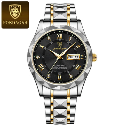 POEDAGAR Luxury Fashion Men's Quartz Watches Date Week Stainless Steel Watch For Man Waterproof Luminous High Quality Men Watch