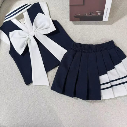 Toddler Girls' 2-Piece Summer Set - Sleeveless Tie-Back Top + Pleated Skirt, Breathable Cotton Outfit Kids Boutique Clothes