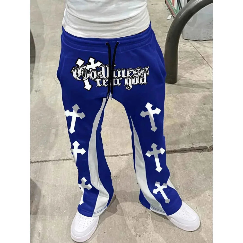 Men's Casual Street Style Trendy Cross Print Fashionable Slightly Flared Black and White Color-Block Design Sweatpants Men Pants