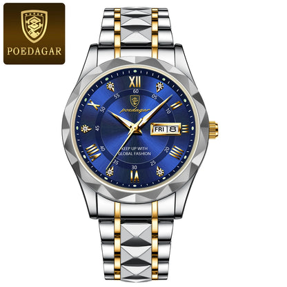 POEDAGAR Luxury Fashion Men's Quartz Watches Date Week Stainless Steel Watch For Man Waterproof Luminous High Quality Men Watch
