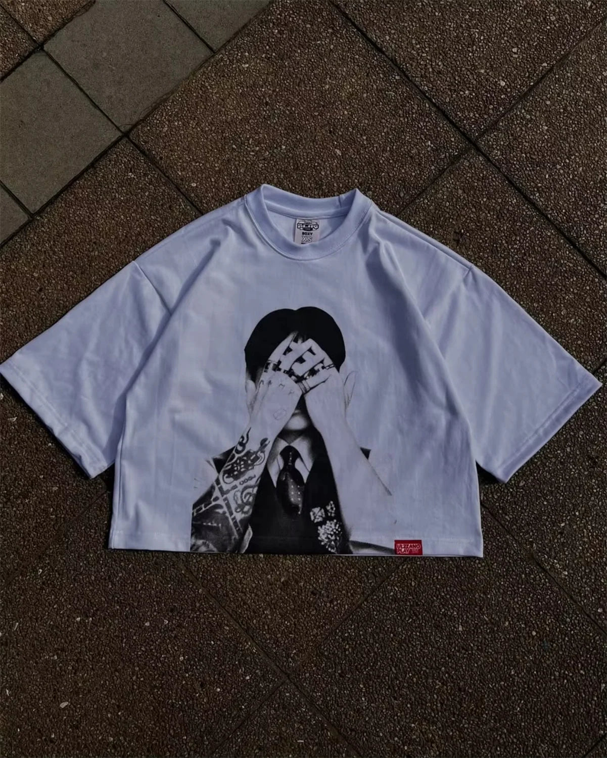 Mens Unisex White Cropped Tee Shirt Y2K Hip Hop Portrait Print Oversized Short Sleeve Tee with Crew Neck Loose Fit Streetwear