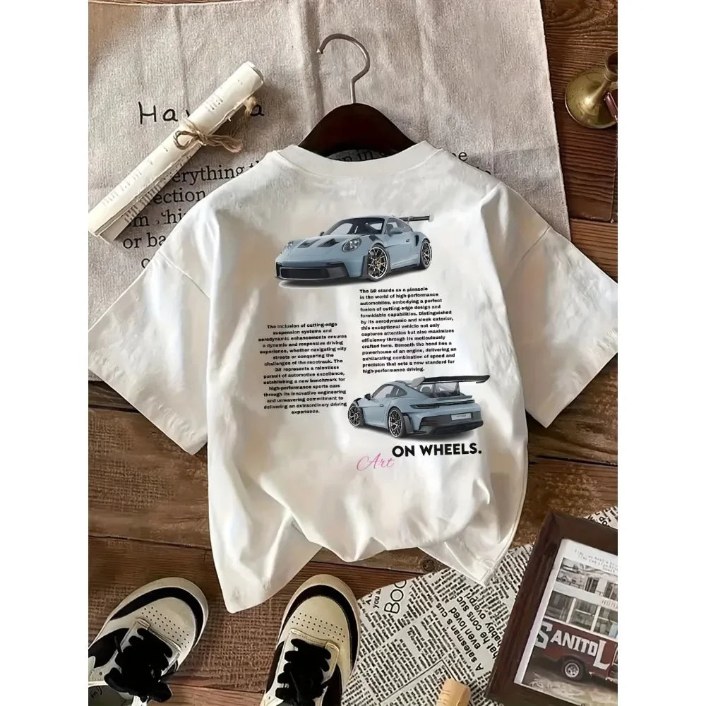 Casual Graphic Tee - Black Car Print with On Wheels Text Crew Neck All Season Comfort Fit  Women's T-Shirt Casual Clothes
