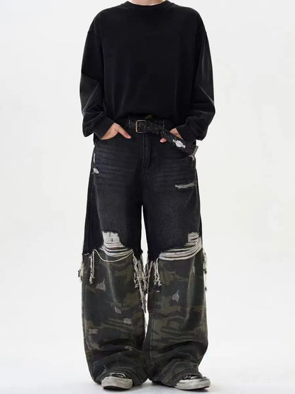 Hip-hop high street fashion diagonal breasted dark men jeans trendy camouflage patchwork high-waisted jeans casual loose pants