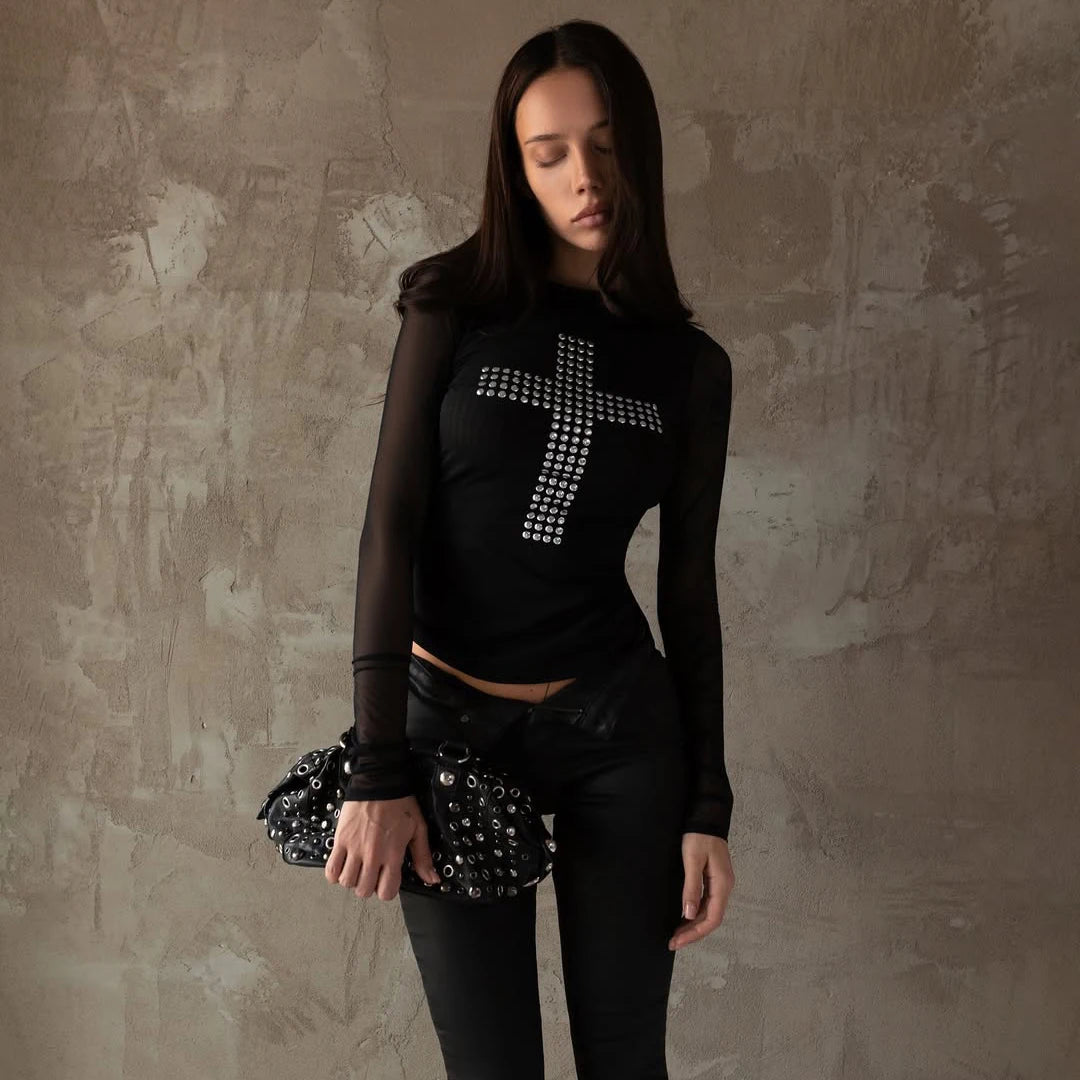 Gothic Graphic T Shirts Women Clothing Long Sleeve 2000s Clothes Y2k Slim Mesh Tops Autumn Spring Tees Female Chic