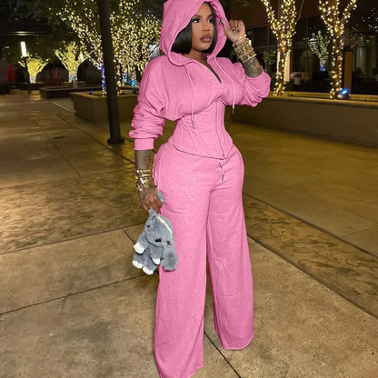 Streetwear Casual Tracksuit Woman Two Piece Set Sporty Zipper Hooded Lace-up Bandage Corset Jacket and Sweatpants Matching Sets