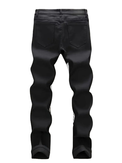 Street casual wear, men's jeans, fashionable printed patterns, classic style trousers with cinched waist design. Black color