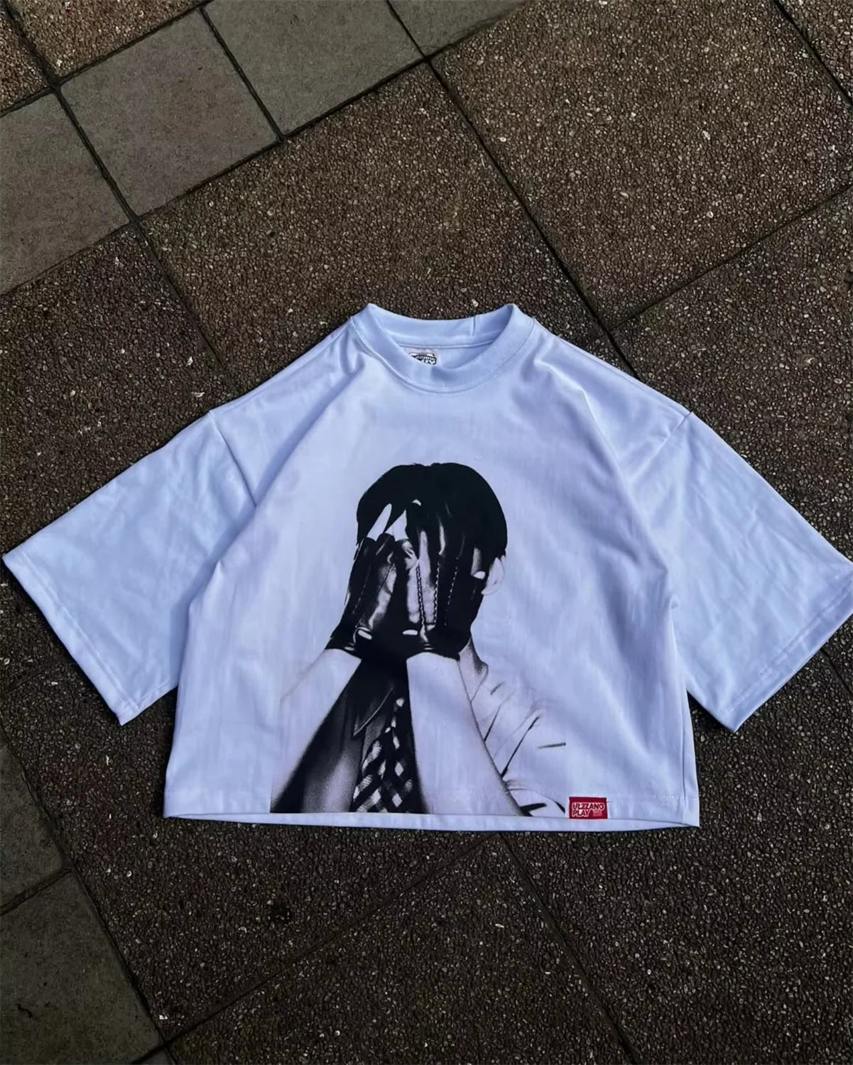 Mens Unisex White Cropped Tee Shirt Y2K Hip Hop Portrait Print Oversized Short Sleeve Tee with Crew Neck Loose Fit Streetwear