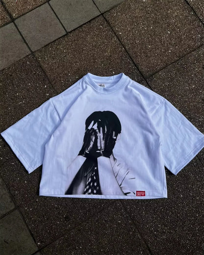 Mens Unisex White Cropped Tee Shirt Y2K Hip Hop Portrait Print Oversized Short Sleeve Tee with Crew Neck Loose Fit Streetwear