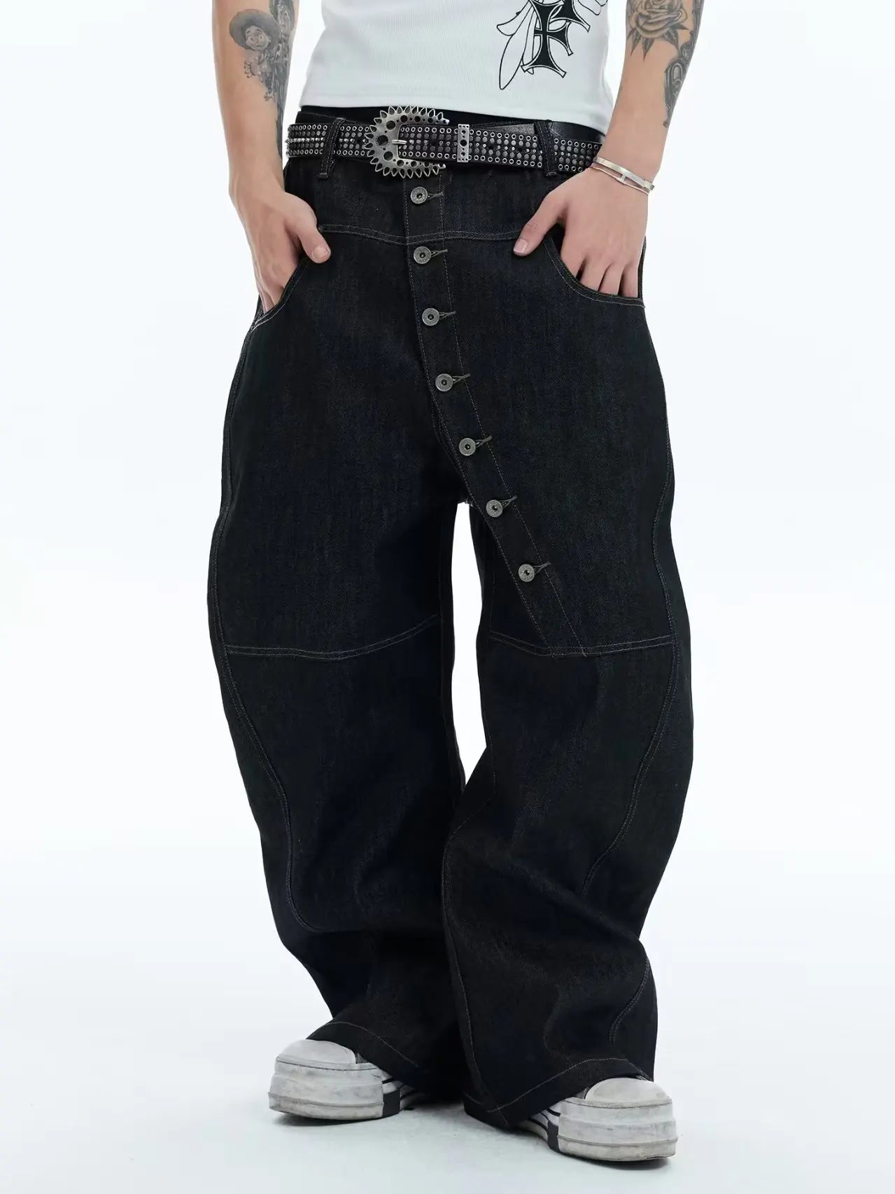 Hip-hop high street fashion diagonal breasted dark men jeans trendy camouflage patchwork high-waisted jeans casual loose pants