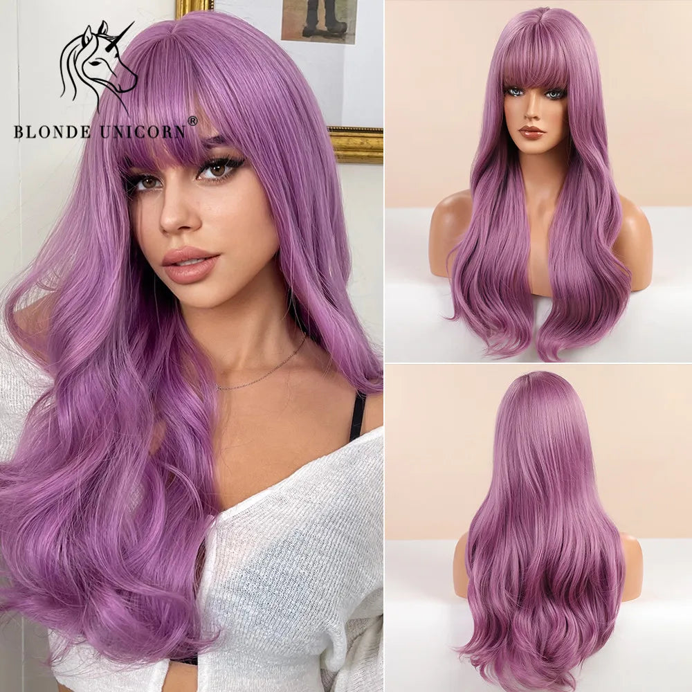 BLONDE UNICORN Synthetic Hair Wigs Long Wavy Orange with Bangs For Black White Women Heat Resistant Fiber Cosplay Party Wig