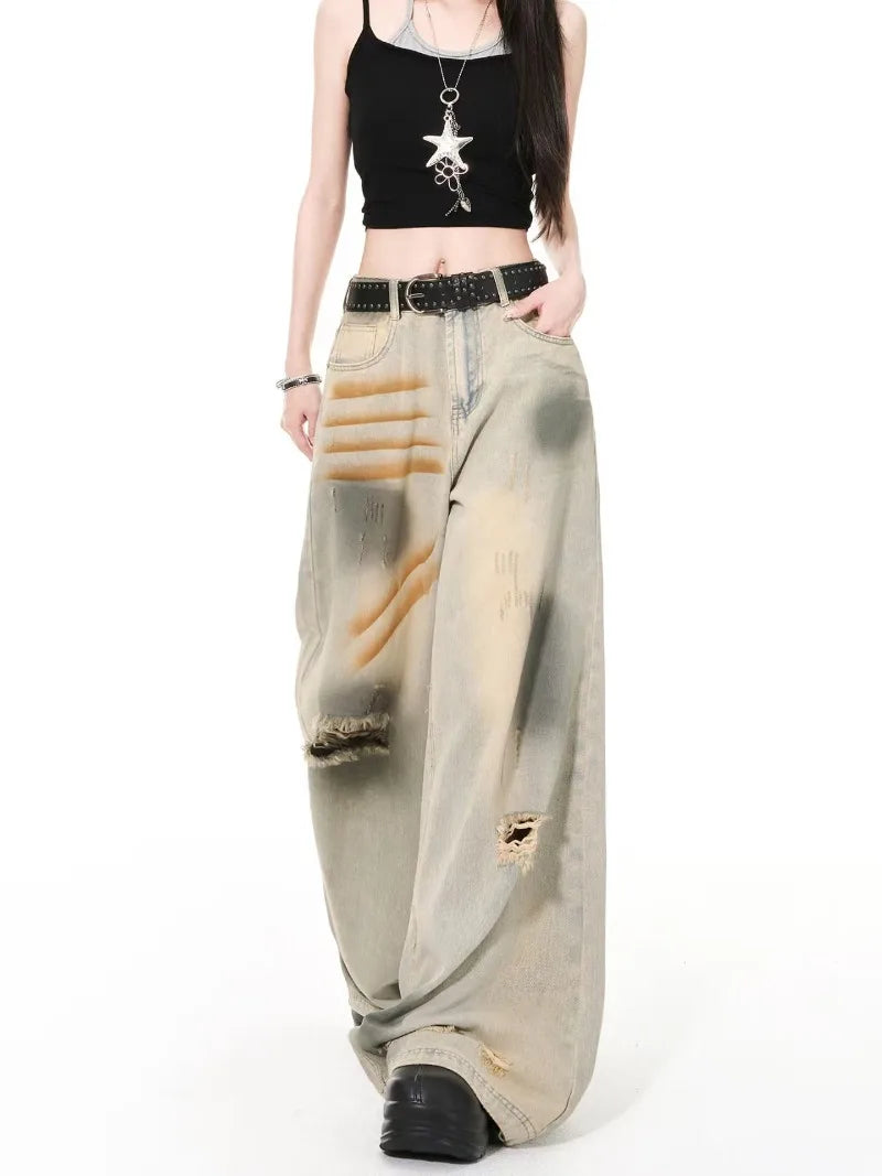 Hip-hop high street fashion diagonal breasted dark men jeans trendy camouflage patchwork high-waisted jeans casual loose pants