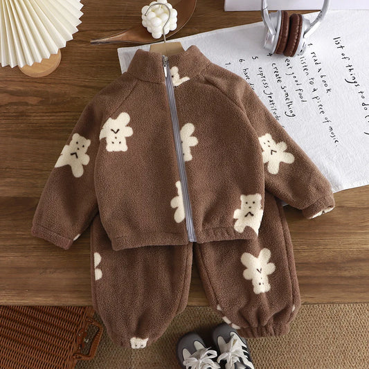 0-4 years old Toddler suit winter flannel home outdoor suit children pajamas boy girl cartoon thick coral velvet two-piece set
