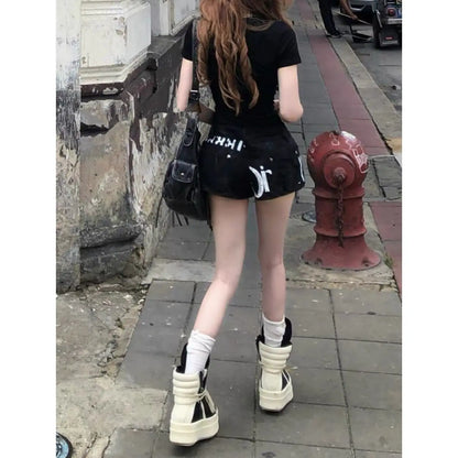 Y2K Vintage Letter Print Mini Short Women Sexy Zipper Design Slim Fit Denim Mini Skirt American Retro Hot Girl Punk Streetwear