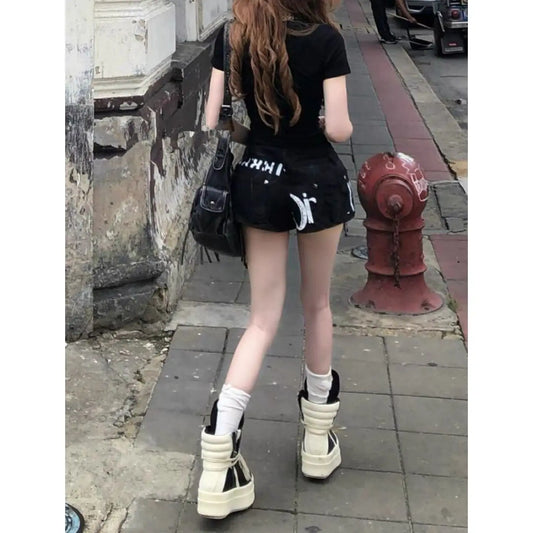 Y2K Vintage Letter Print Mini Short Women Sexy Zipper Design Slim Fit Denim Mini Skirt American Retro Hot Girl Punk Streetwear