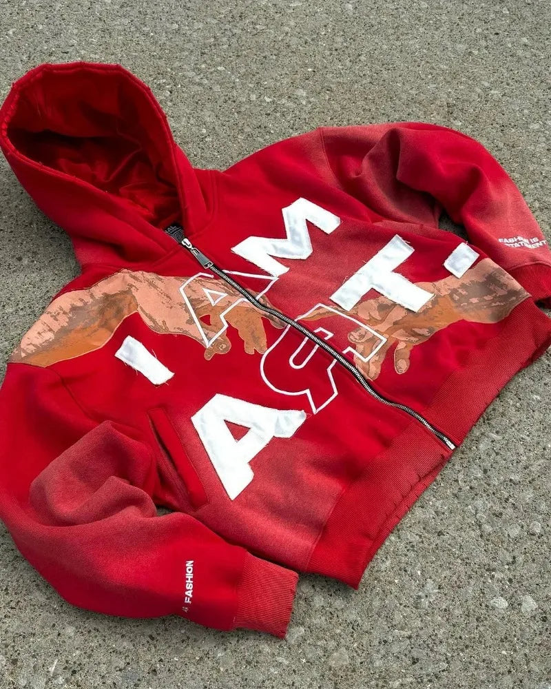 Y2K streetwear sweatshirt with letter print, zipper hoodie, autumn and winter loose sweatshirt for men